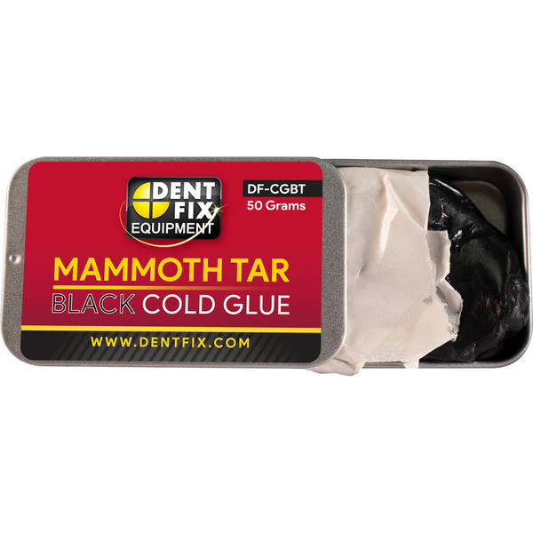 Dent Fix Mammoth Tar Black Cold Glue DF-CGBT is great for quickly and safely moving large areas of metal. Mammoth Tar Black Cold Glue adhesive is applied in normal room temperatures and is the one of the replacement cold glues included in the GLUEMAX