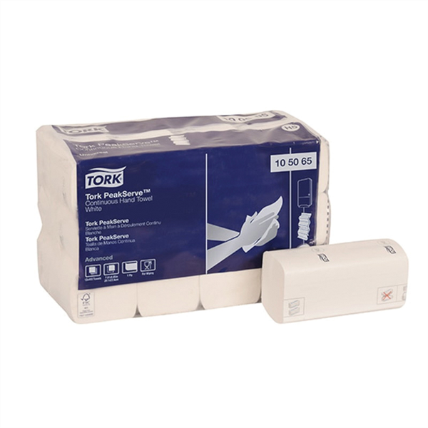 Tork Molnlycke PeakServe 105065 Continuous Hand Towel, 8.85 in L x 7.91 in W, 410, Paper, White, 1 Plys