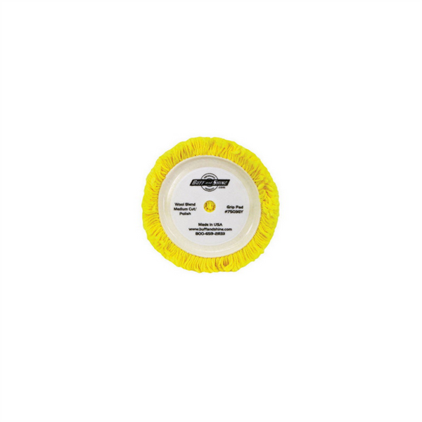 Buff And Shine 7503GY Buffing Grip Pad, 7-1/2 in Dia, Hook and Loop Attachment, 100% Twisted Wool Pad, Yellow