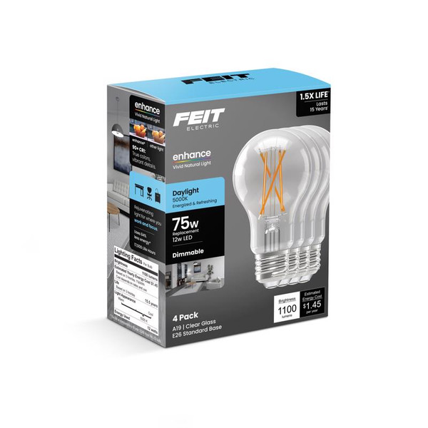 FT LED A19 DL 75W 4PK Feit A19 E26 (Medium) Filament LED Bulb Daylight 75 Watt Equivalence 4 pk
