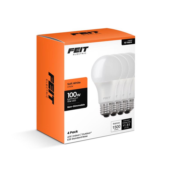 FT LED A19 SW 100W 4PK Feit A19 E26 (Medium) LED Bulb Soft White 100 Watt Equivalence 4 pk
