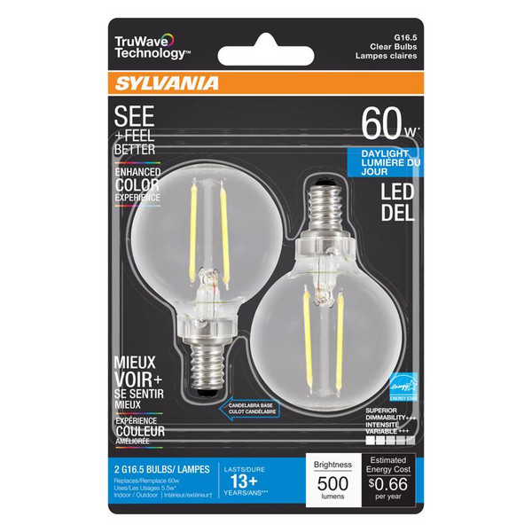 TW LED G16.5 DL 60W 2PK Sylvania Truwave G16.5 E12 (Candelabra) LED Bulb Daylight 60 Watt Equivalence 2 pk