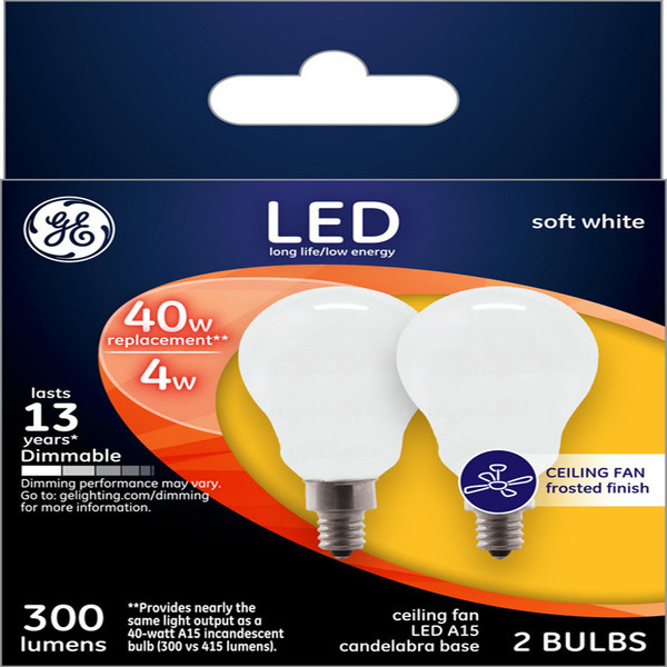 LED A15 E12 SW 40W 2PK GE A15 E12 (Candelabra) LED Bulb Soft White 40 Watt Equivalence 2 pk
