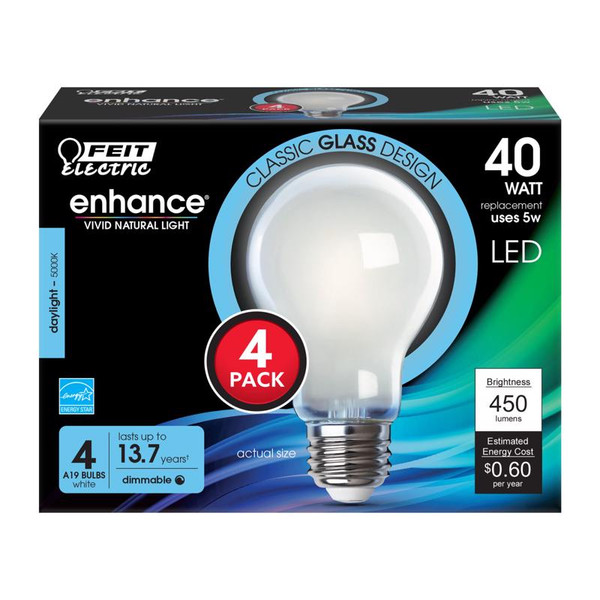 LED A19 E26 DL 40W 4PK Feit Electric Enhance A19 E26 (Medium) LED Bulb Daylight 40 Watt Equivalence 4 pk