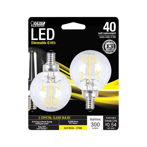 LED G16.5 E12 SW 40W 2PK Feit Electric G16.5 E12 (Candelabra) LED Bulb Soft White 40 Watt Equivalence 2 pk