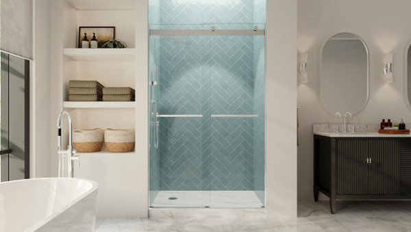 DreamLine Dexterity Frameless Sliding Bypass Shower Door 44-48 in. x 76 in. Chrome Clear Glass