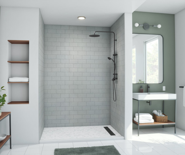 Swanstone Metro Subway Tile Glue-Up Shower Wall Kit 34x50x96 Ash Gray MTMK963450