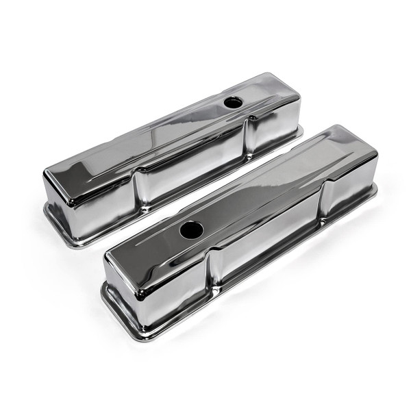 Speedmaster Chevy SBC 350 Chrome Steel Valve Covers Tall with Hole PCE314.1002.01