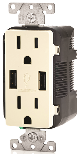 Leviton 2476999 DECORA USB CHARGER / TAMPER-RESISTANT DUPLEX RECEPTACLE, LIGHT ALMOND, 5-15R, 125 VOLTS, 15 AMPS