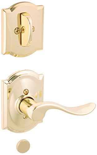 SCHLAGE F94ACC605CAMRH Lock Company Polished Brass Interior Pack Accent Lever Right Handed Dummy Interior Pack with Deadbolt Cover Plate and Decorative Camelot Rose