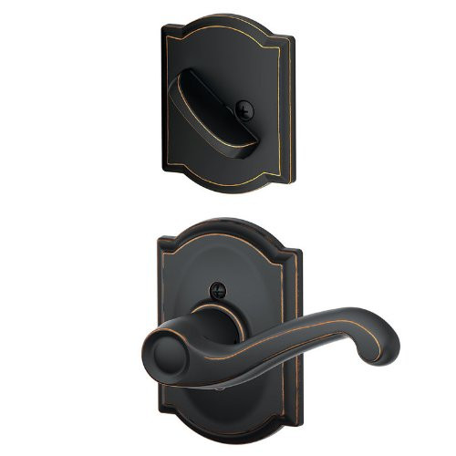 SCHLAGE F59FLA716CAMLH  Aged Bronze Flair Left Handed Interior Pack Lever Set with Single Cylinder Deadbolt and Decorative Camelot Rose