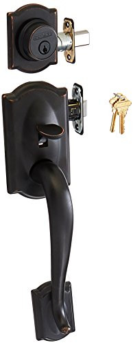 SCHLAGE F62CAM716GEO  Aged Bronze Camelot Camelot Double Cylinder Handleset with Georgian Interior Knob from the F-Series