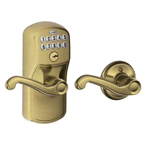 SCHLAGE FE575PLY609FLA FE575 PLY 609 FLA Plymouth Keypad Entry with Auto-Lock and Flair Levers, Antique Brass