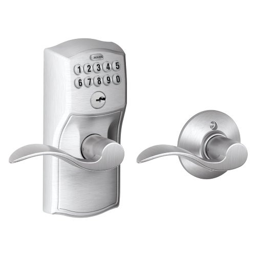 SCHLAGE FE575CAM626ACC FE575 CAM 626 ACC Camelot Keypad Entry with Auto-Lock and Accent Levers, Brushed Chrome.