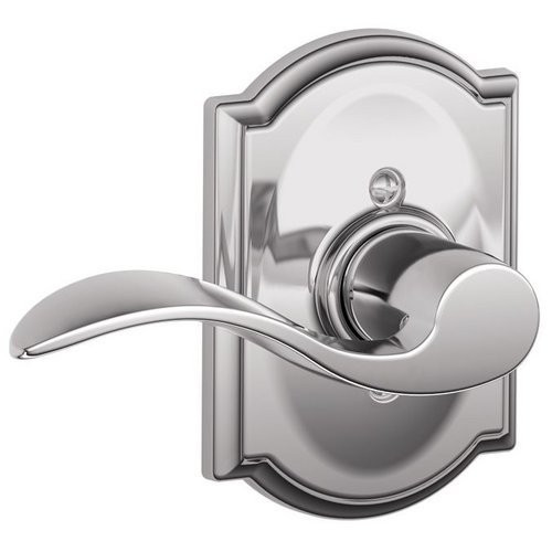 SCHLAGE F170ACC625CAMLH  Polished Chrome Single Dummy Accent Door Lever with the Decorative Camelot Rose for Left Handed Doors.