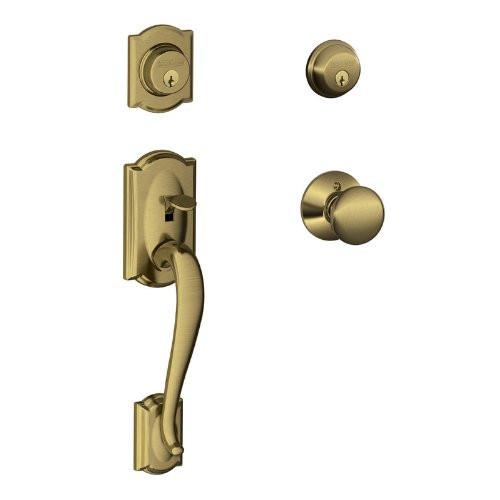 SCHLAGE F62CAM609PLY F62-CAM-PLY Double Cylinder Handleset with Plymouth Interior Knob from t, Antique Brass