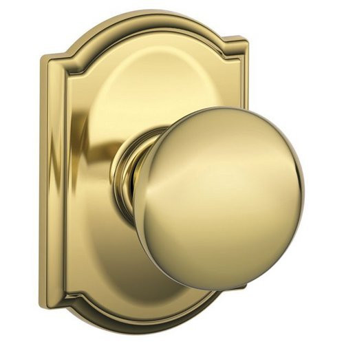 SCHLAGE F10PLY505CAM F10-PLY-CAM Passage Plymouth Door Knobset with the Decorative Camelot Ro, Lifetime Polished Brass.