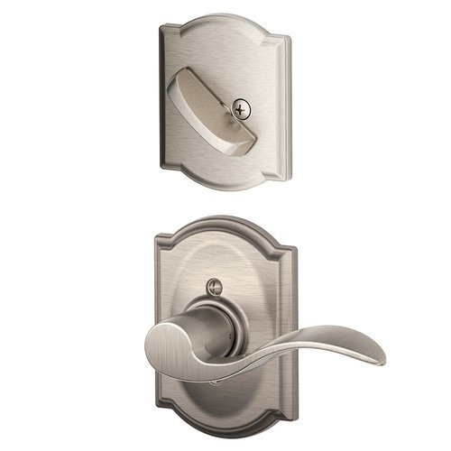 SCHLAGE F59ACC619CAMLH  Satin Nickel Accent Left Handed Interior Pack Lever Set with Single Cylinder Deadbolt and Decorative Camelot Rose