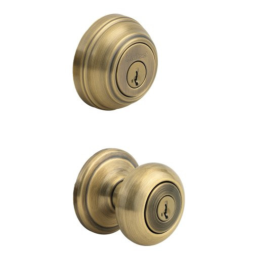 KWIKSET CP991J-5S 991J 5 SMT CP Juno Antique Brass Entry Knob and Single Cylinder Deadbolt Combo Pack Featuring SmartKey