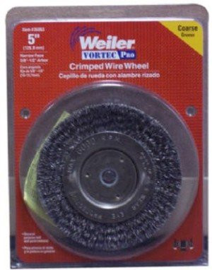 Weiler WEI36063 Vortec Pro Narrow Face Wire Wheel Brush, Round Hole, Carbon Steel, Crimped Wire, 5" Diameter, 0.014" Wire Diameter, 5/8-1/2" Arbor, 6000 rpm