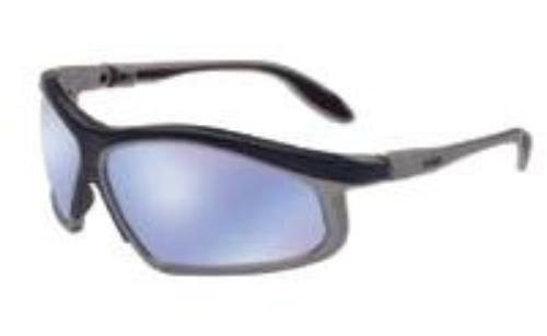 Uvex UVXS2143 Pivot Safety Eyewear, Black and Silver Frame, Blue Ice Mirror Ultra-Dura Hardcoat Lens