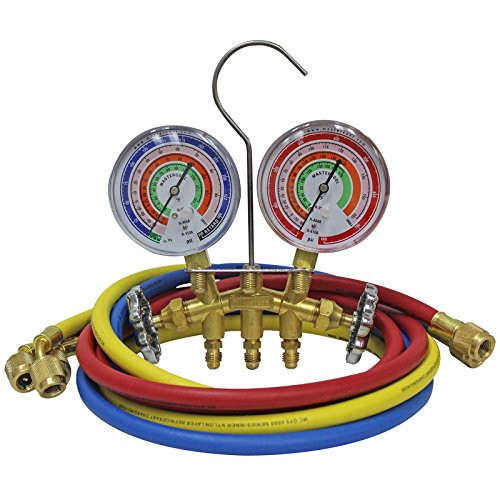 Mastercool MSC59161 () Brass R410A, R22, R404A 2-Way Manifold Set with 3-1/8" Gauges, 3-60" Hoses and Standard 1/4" Fittings.