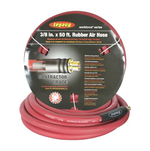Legacy Manufacturing LEGHRE3850RD2 Workforce Air Hose, 3/8 in. x 50 ft., 1/4 Fittings, Rubber, Red -