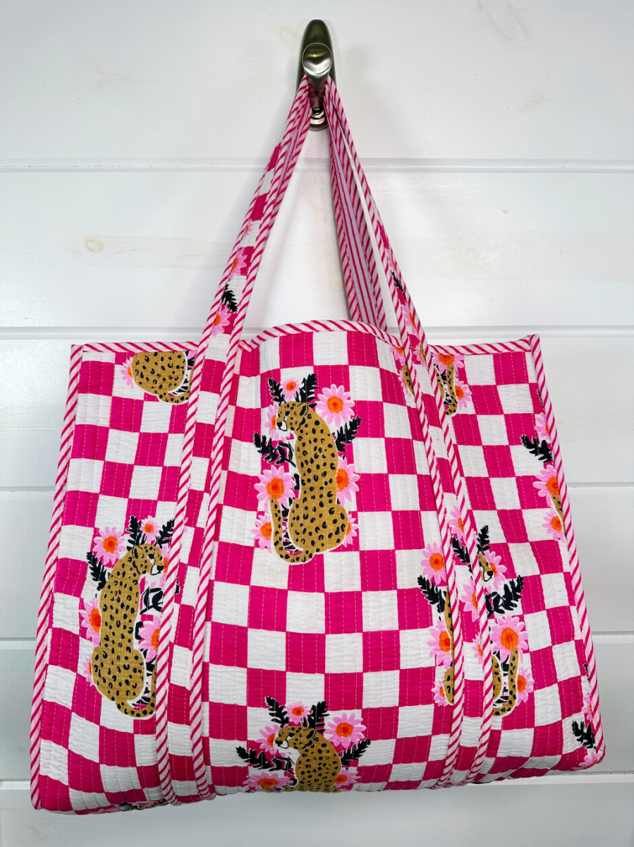 Pink Jaguar Checkered Print Tote