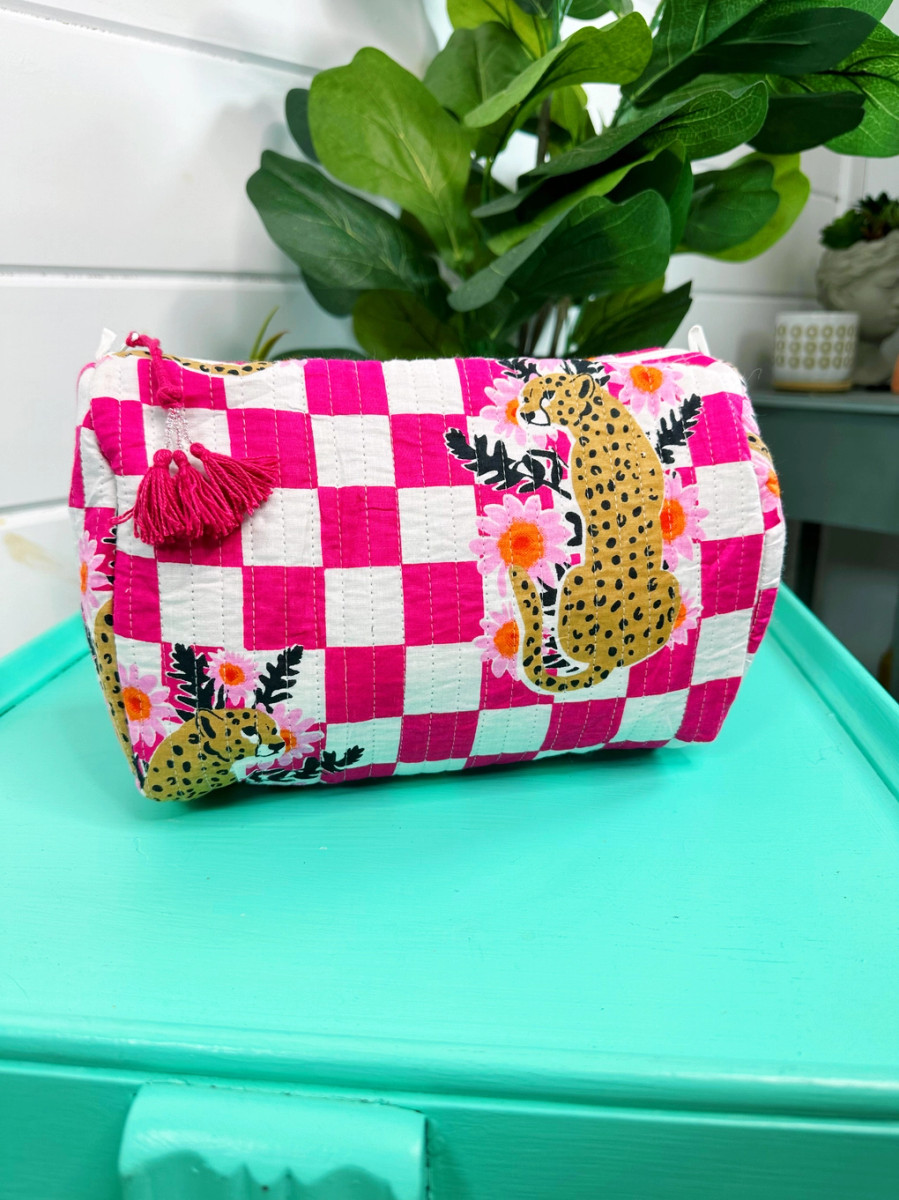 Pink Jaguar Checkered Cosmetic Bag
