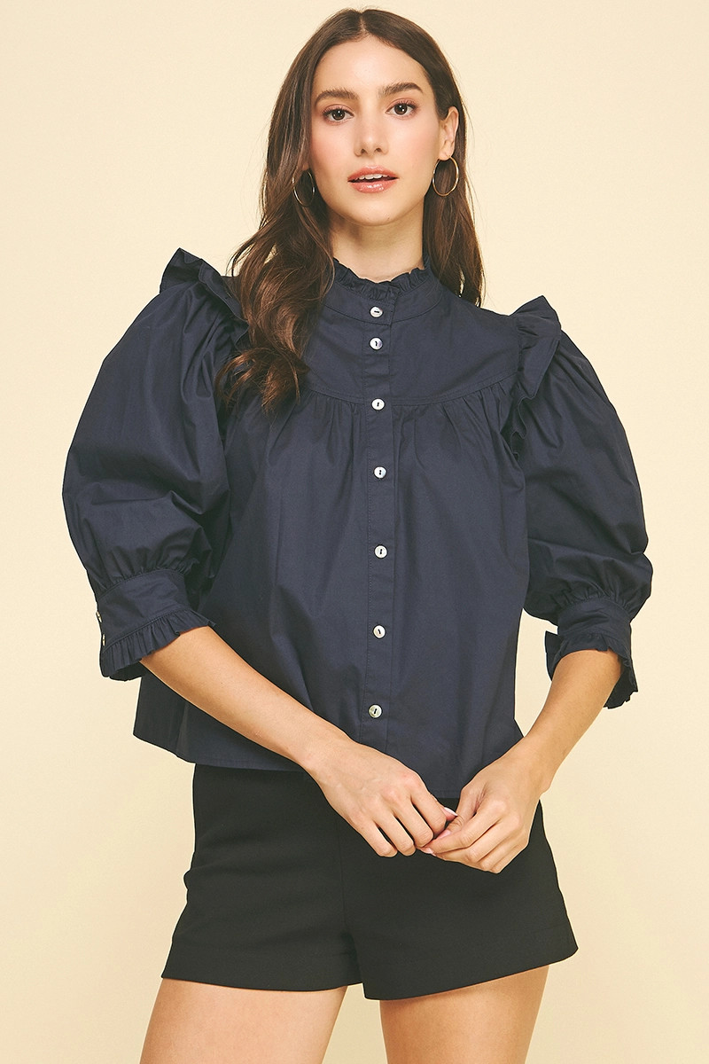 Navy Raleigh Ruffle Blouse