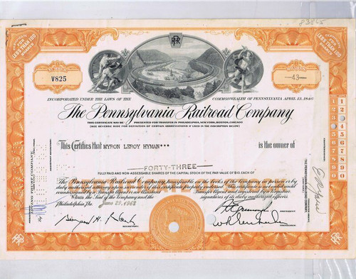 ORIGINAL Vintage 1962 Pennsylvania Railroad Co 43 Share Stock Certificate