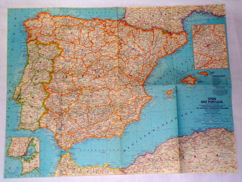 ORIGINAL Vintage 1965 Spain & Portugal 19x25 National Geographic Map