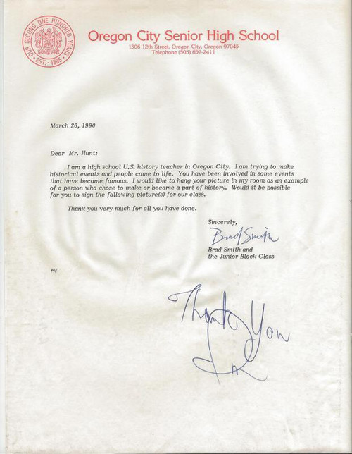 Ron Hunt Signed Response to Fan Letter Giants