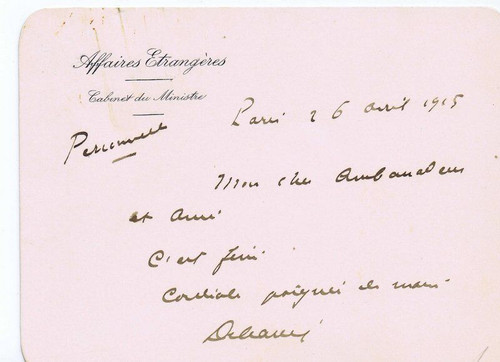 Theophile Delcasse Signed 1915 Handwritten Note JSA LOA French Foreign Minister