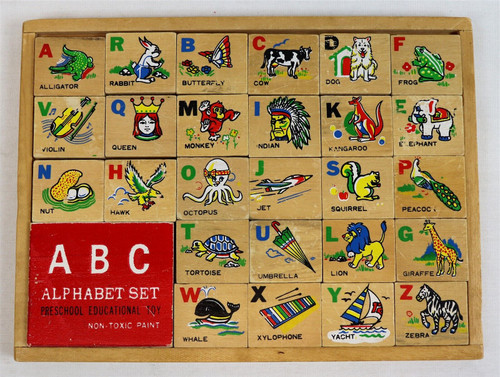 VINTAGE 1970s Wood Block ABC Alphabet Puzzle Set