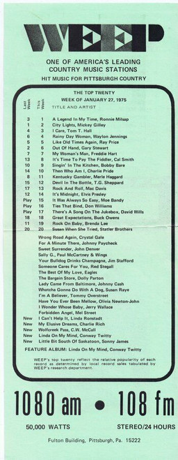 WEEP 108 FM Pittsburgh VINTAGE January 27 1975 Music Survey Ronnie Milsap #1