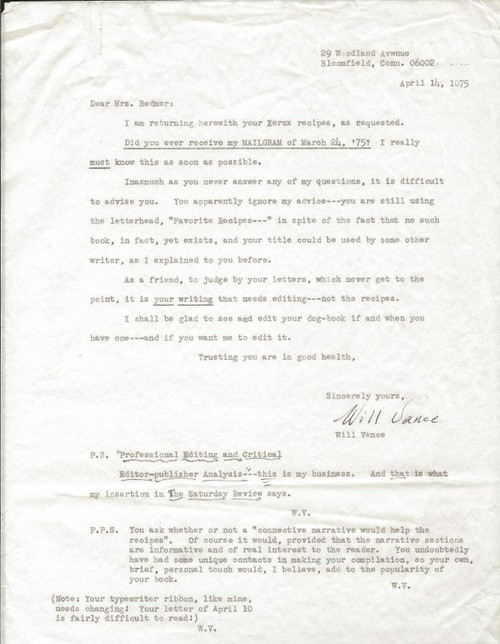 Will Vance Signed 1975 Typed Letter