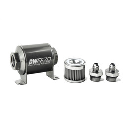 DeatschWerks Stainless Steel 8AN 40 Micron Universal Inline Fuel Filter Housing Kit (70mm)  dwk8-03-070-040K-8