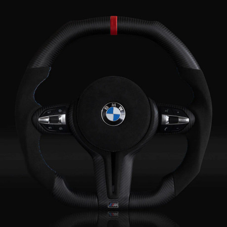 CARBONE - BMW Alcantara Flat Bottom Black N Red Matte Dry Carbon Fiber Steering Wheel for F Chassis- CARBONE Signature Design for F30 F32 F80 F82 M3 M4 M2 335i 340i 328i 440i 435i