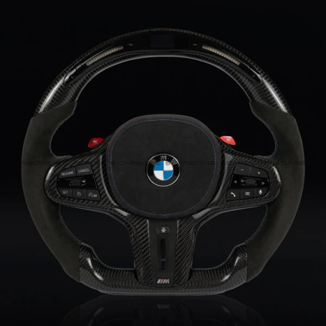 CARBONE - BMW LED Display Alcantara Flat Bottom Black N Red Gloss Carbon Fiber Steering Wheel for G/F Chassis- CARBONE Signature Design for G20 G30 G80 G82 G87 M2 M3 M4 M2 M340i 
