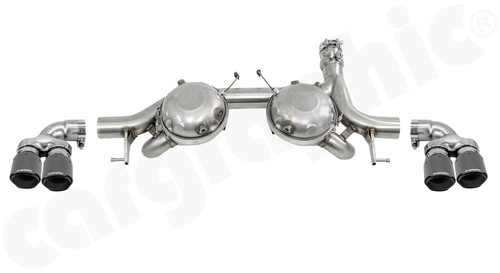 CARGRAPHIC Rear Silencer Replacement Pipe w/2x Active Sound Modules & 4x 89mm Visual Carbon Matte Sport Tailpipes w/SS Liner & CARGRAPHIC Logo For Diesel BMW 5-Series G30/G31 Single-Flow Exhaust Systems - PERG30DSM35RKEVTPCG
