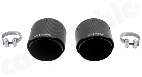 CARGRAPHIC PSE Look Sport Tailpipes - 2x 114mm Slash-Cut w/Stainless Steel Liner, CARGRAPHIC Logo & Visual Carbon Matte Finish For Porsche 991.2 Carrera / Carrera S / Carrera T / Carrera GTS 3.0L T - CARP912PSEER45KITKEVTPCG