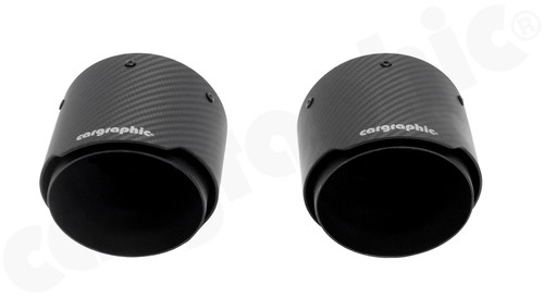 CARGRAPHIC Sport Tailpipes - 2x 100mm Round, Slash-Cut & Visual Carbon Matte Finished w/Stainless Steel Liner & CARGRAPHIC Logo For Porsche 718 Boxster / Cayman / Spyder / GT4 - CARP82GT4ER2100KEVTPCG