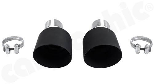 CARGRAPHIC Sport Tailpipes (Lightweight Construction) For OEM Rear Silencer - 2x 100mm Round, Slash-Cut & Matte Black Thermopaint Finished For Porsche 718 Boxster / Cayman / Spyder / GT4 - CARP82GT4ER2100TPOE