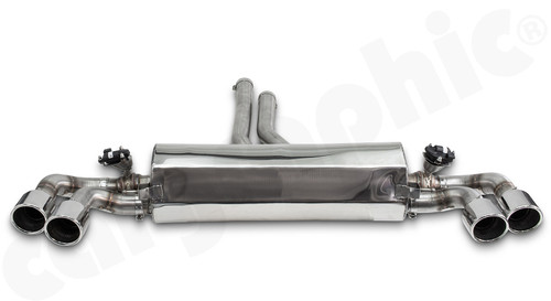 CARGRAPHIC Sport Rear Silencer w/Electronic Exhaust Valves & 4x 100mm Mirror Polished Sport Tailpipes (SOUND / SUPER SOUND Version) For Porsche Cayenne / Cayenne E-Hybrid 3.0L V6 & Cayenne S 2.9L V6 - CARP5E3TETFLAPSS