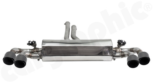 CARGRAPHIC Sport Rear Silencer w/Electronic Exhaust Valves & 4x 100mm Visual Carbon Matte Sport Tailpipes w/Stainless Steel Liner (SOUND / SUPER SOUND Version) For Porsche Cayenne / Cayenne E-Hybrid 3.0L V6 & Cayenne S 2.9L V6 - CARP5E3TETFLAPKEVTP