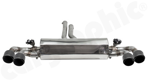 CARGRAPHIC Sport Rear Silencer w/Electronic Exhaust Valves & 4x 100mm Visual Carbon Matte Sport Tailpipes w/Stainless Steel Liner & CARGRAPHIC Logo For Porsche Cayenne / Cayenne E-Hybrid 3.0L V6 & Cayenne S 2.9L V6 - CARP5E3TETFLAPKEVTPCG