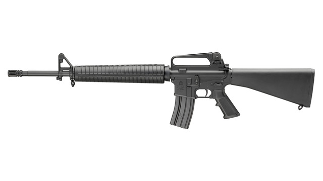 Left side view of Springfield Armory SA16-A2 5.56mm semi-automatic rifle with fixed stock and classic A2-style handguard