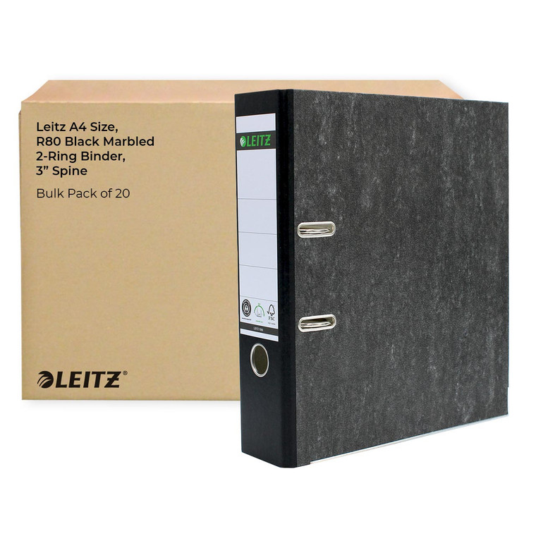 Leitz A4 Size, R80 Black Marbled 2-Ring Binder, 3" Spine, Bulk Pack of 20