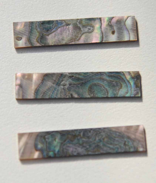 Green abalone (Mexican green abalone) flat inlay blanks size 12.5mm (0.492") width x 42mm (1.65") length x 1mm (0.04") thickness A grade - good on both sides.